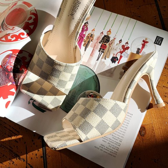 New🔥 Gray Ivory Checkered Print Square Open Toe Mules Sandal Stiletto Med Heel - Picture 3 of 6